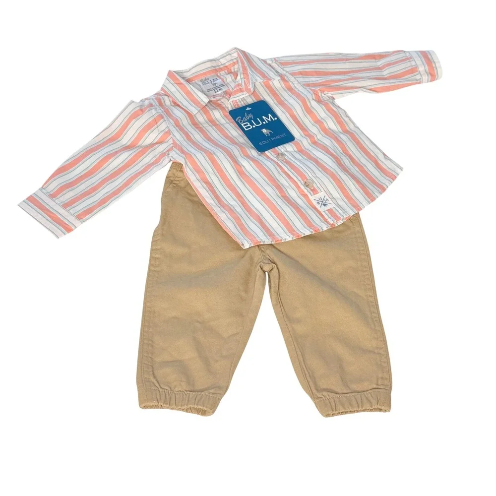 Baby BUM Equipment 12M Striped Button Down Shirt‎ and Khaki Pants 2pc Set NEW